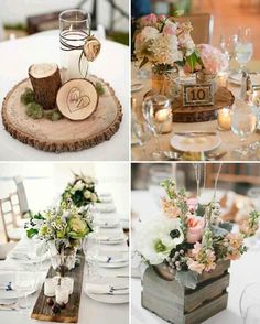 wedding centerpieces with flowers and candles are arranged on wooden slices in different positions