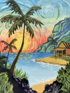 an oil painting of a tropical scene with palm trees and a hut on the shore