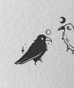 two birds sitting next to each other on top of a piece of paper with the moon and stars above them