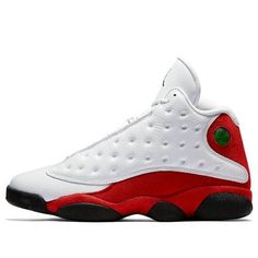 The Air Jordan 13 Retro 'Chicago' 2017 is a return to the OG design of the popular Air Jordan 13 silhouette. The sneaker features a white premium leather upper with team red suede on the base, heel, and midsole. The Jumpman branding is in black, while the outsole and heel feature a green hologram. This is a limited edition sneaker, so don't miss your chance to own a piece of history. (SNKR/High Top/Basketball/Shock-absorbing) Red Sneakers With Rubber Sole For Sports, Red Sneakers With Rubber Sole For Sports Events, Classic High-top Sneakers With Red Sole For Sports, Leather Jordan Shoes For Sports Events, Classic White Leather Basketball Shoes, Classic White Custom Sneakers For Light Sports, Classic White Basketball Shoes With Contrast Sole, University Red Leather Basketball Shoes, Sporty University Red Leather Basketball Shoes