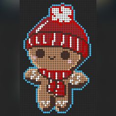 a pixellated image of a teddy bear wearing a red hat and holding a baseball bat