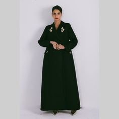 Blazer Style Abaya With Embellishments On Lapel And Pockets-After Dark | Azzalia | Wolf & Badger Elegant Long Sleeve Thobe With Dabka Embroidery, Elegant Long Sleeve Thobe With Dabka, Elegant Evening Thobe In Maxi Length, Elegant Formal Thobe With Dabka Detailing, Elegant Formal Thobe With Dabka, Traditional Long Sleeve Abaya For Evening, Traditional Long Sleeve Evening Abaya, Elegant Workwear Abaya In Maxi Length, Elegant Long-sleeved Dabka Abaya