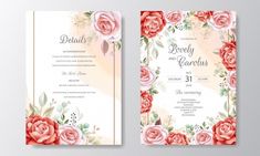 two wedding cards with pink roses on the front and back, in watercolor style