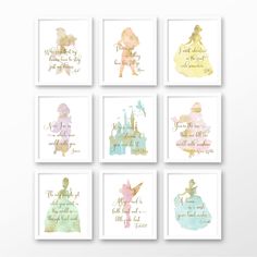 six watercolor disney princess prints with the words,'i love you to the moon and back '