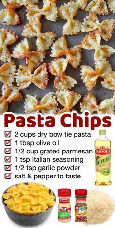 Pasta Chips Pasta With Olive Oil, Cheesy Baked Chicken, Chips Food, Pasta Chips, Cooked Pasta, Parmesan Pasta, Snacks To Make, Easy Snack Recipes, Party Appetizer