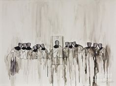 an abstract painting with multiple mannequins standing in front of a white wall