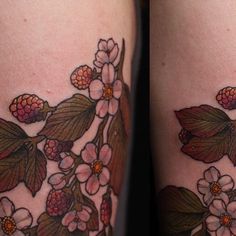 two pictures of flowers and leaves on the legs