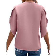 Pink Solid Lace V Neck Bell Sleeve Blouse Pink V-neck Office Top, Pink V-neck Top For Office, Spring Office Crew Neck Tops, Fashion 2023 Summer, Cutout Shorts, Oversized Shirts, Flared Sleeves Top, Lace Cutout, Pink Solid