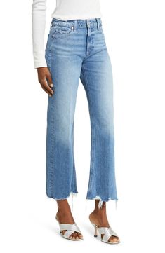 A hint of stretch lends day-one comfort to these wide-leg, raw-hem jeans that have been faded and whiskered to perfection. 28" inseam; 20" leg opening; 10 3/4" front rise; 15" back rise (size 29) Zip fly with button closure Five-pocket style 99% organic cotton, 1% elastane Machine wash, tumble dry Imported Wide Leg Cropped Jeans With Frayed Hem For Fall, Fall Wide Leg Cropped Jeans With Frayed Hem, Faded Wide Leg Cropped Jeans, Faded Cropped Leg Flare Jeans For Fall, Faded Cropped Leg Flare Jeans, Chic Wide Leg Faded Bottoms, Chic Faded Wide Leg Bottoms, Faded Wide Leg Cropped Jeans For Spring, Wide Leg Cropped Jeans For Spring