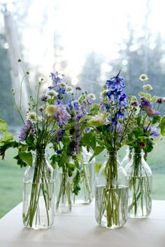 three clear vases filled with purple and white flowers sitting on a window sill