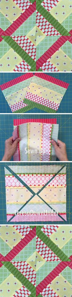 three pictures showing how to make an origami quilt with different colors and patterns