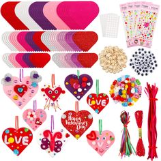 valentine's day crafts and decorations are arranged on a white background, including heart shaped lollipops