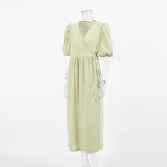 Women's 2024 French Style Cotton Dress V-Neck Puff Sleeve Long Maxi Dress Summer Lantern Sleeve Solid Color Dress, Spring Dress With Lantern Sleeves, Solid Color Lantern Sleeve Dress For Brunch, Solid Knee-length V-neck Dress For Spring, Solid Spring Knee-length V-neck Dress, Casual Lantern Sleeve Midi Dress For Spring, Spring Casual Midi Dress With Lantern Sleeves, Casual Midi Dress With Lantern Sleeves For Spring, V-neck Solid Color Midi Dress For Daywear