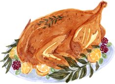 a watercolor painting of a roasted turkey on a plate with oranges and cranberries