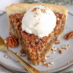 a slice of pecan pie on a plate with a scoop of vanilla ice cream