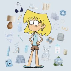 a cartoon girl surrounded by various items for her personal care product line, including bras and shoes