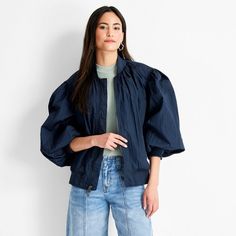 Women's Nylon Relaxed Bomber Jacket - Future Collective Navy Blue Womens Tailored Suit, Trendy Fashion Tops, Racing Jacket, Cropped Blazer, Bomber Jackets, Tailored Suits, Blue Jacket, Fashion Tops, Coats Jackets Women