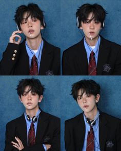 four different shots of a young man in suit and tie with headphones on his ears