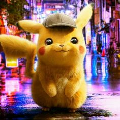 the pikachu is standing on its hind legs in front of a city street