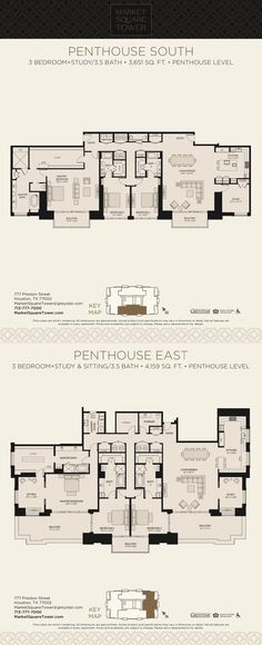 the floor plan for an apartment building with three levels and four rooms, including two separate living