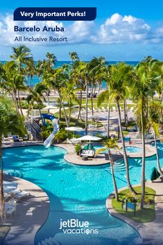 an aerial view of the resort with palm trees and water slides