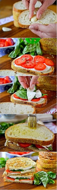 the process to make a sandwich is shown in three different stages, including being sliced and put