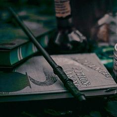 a harry potter book and wand sitting on top of a table next to other items