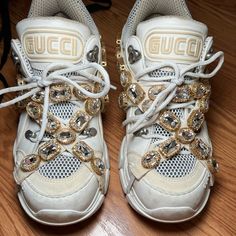 Used With Love. Removable Jewels. Size 9 Women Comes With Dust Bag For Each Shoe (Original) Note I Will Not Sell For 300 Specially Thru Poshmark Gucci Flashtrek, Shoes Gucci, Gucci Shoes, Womens Shoes Sneakers, With Love, Dust Bag, Shoes Sneakers, Color White, Gucci