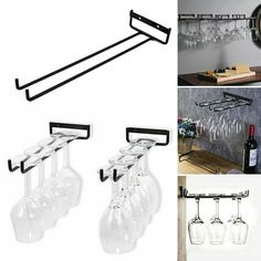 four wine glasses are hanging on the wall and one is holding a rack with six wine glasses