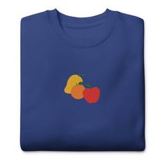 Embroidered Fruit Sweatshirt * 100% cotton face * 65% cotton, 35% polyester * Charcoal Heather is 55% cotton, 45% polyester * Fabric weight: 8.5 oz/y² (288.2 g/m²) * Tightly knit 3-end fleece  * Side-seamed construction * Self-fabric patch on the back * Double-needle stitched rib collar, cuffs, and hem * Blank product sourced from Pakistan Disclaimer: This sweatshirt runs small. For the perfect fit, we recommend ordering one size larger than your usual size. This product is made especially for y Blue Embroidered T-shirt For Fall, Fruit Sweatshirt, Embroidered Fruit, Sweatshirt Cute, Fabric Patch, Embroidered Shirt, For Friends, Cute Gifts, Sweat Shirt