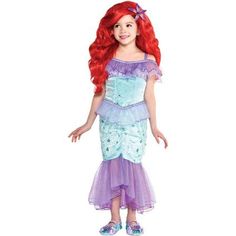 The Little Mermaid Child Ariel Costume includes:  Dress  More on The Little Mermaid Child Ariel Costume: Make a splash with this adorable Ariel Costume for kids! The purple and teal dress is printed with glitter shells and swirl details. It flares out at the bottom into a mermaid shape with layers of purple mesh that match the purple peplum waist. In the middle of the chest is a cameo with a picture of Ariel at the center. Halloween will go absolutely swimmingly when your child is dressed in thi Ariel Halloween, Purple Princess Dress, Ariel Halloween Costume, Ariel Costume, Ariel Costumes, Little Mermaid Costume, Disney Princess Costumes, Costume Disney, Ariel Dress