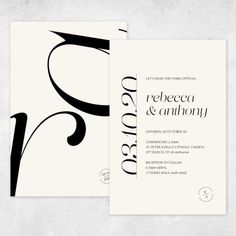 a wedding card with black and white calligraphy on the front, in an elegant font