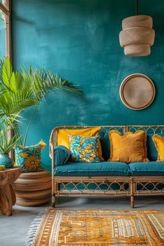 a living room with green walls and blue couches, potted plants and rugs