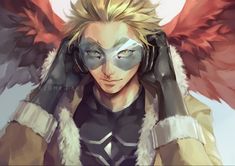 an anime character with headphones on and wings around his neck, looking at the camera