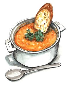 a drawing of a bowl of soup with bread and greens on top, next to a spoon