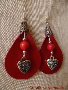 Leather Jewelry Making, Leather Jewelry Diy, Leather Jewels, Leather Jewellery, Homemade Jewelry, Red Earrings, Bijoux Diy, Fabric Jewelry