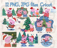 pep pig christmas tree and other holiday decorations with the words, 12 png files cricut