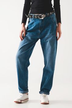 Roomy, non-stretchy, and with added slouch – let us introduce you to these skater jeans, which are all the rage this season. These jeans boast of a regular waist, a relaxed fit, rigid, non-stretch denim, functional side and back pockets, belt loops, and a zip fastening. (The belt in the photos is not included.)  They are made from 100% Cotton.  We style them in our photos with our V Neck Fine Knit Jumper in Black.   The model is 5’7” with measurements of 31-22-35 and is wearing a size small.  Th Types Of Jeans, Skater Jeans, Denim Jacket Men, Carpenter Jeans, Knitwear Tops, Knit Jumper, Medium Blue, Stretch Denim, Jacket Dress