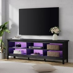 an entertainment center with purple shelves and baskets in front of a large flat screen tv