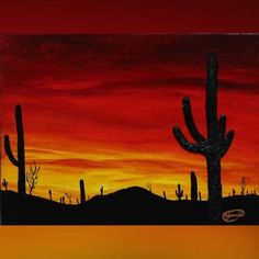 a painting of a sunset in the desert with cacti and saguados