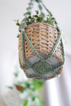 a woven basket hanging from the ceiling with green plants in it's centerpiece