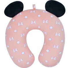 a pink and black mickey mouse pillow with white polka dots on the front, ears and tail