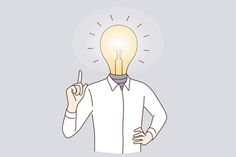 a person with a light bulb on their head pointing to the side and holding his finger up