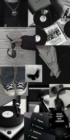 a collage of black and white images with various items on them, including an album