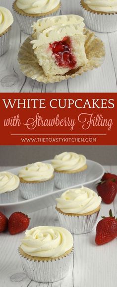 white cupcakes with strawberry filling on a plate and in the background are strawberries