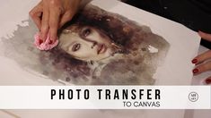 a woman is holding a pink object in front of a photo with the words photo transfer to canvass