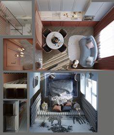 an aerial view of a small living room and bedroom in a tiny apartment with stairs leading up to the second floor