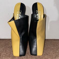 Kill Bill Vibes Super Cool Two Toned Mules. New Condition-Never Worn Outside. Yellow Synthetic Mules With Round Toe, Yellow Casual Mules For Spring, Yellow Closed Toe Spring Mules, Yellow Closed Toe Heels For Fall, Yellow Leather Closed Toe Mules, Yellow Closed Toe Heels In Synthetic Material, Yellow Open Toe Synthetic Mules, Yellow Synthetic Closed Toe Heels, Yellow Synthetic Closed-toe Heels