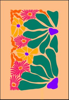 an abstract floral design in orange, pink, and green