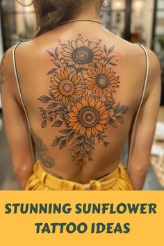 a woman with sunflower tattoos on her back